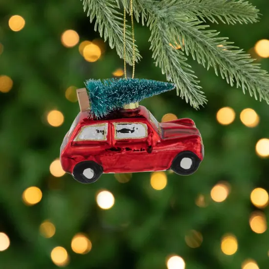 Northlight Station Wagon with Tree Glass Christmas Ornament - 3.5" - Red {3}