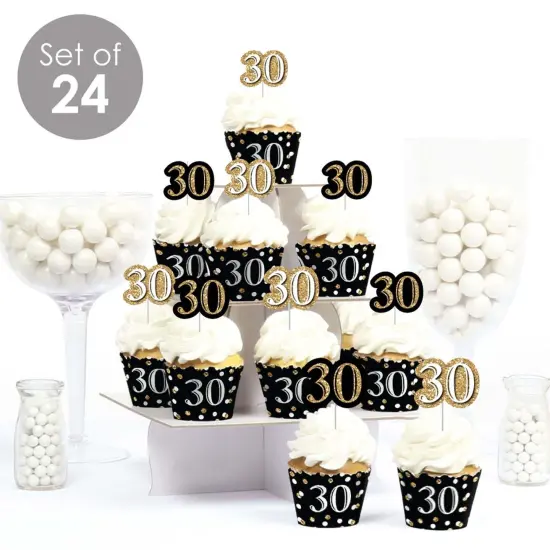 Big Dot of Happiness Adult 30th Birthday - Gold - Cupcake Decoration - Birthday Party Cupcake Wrappers and Treat Picks Kit - Set of 24 {3}