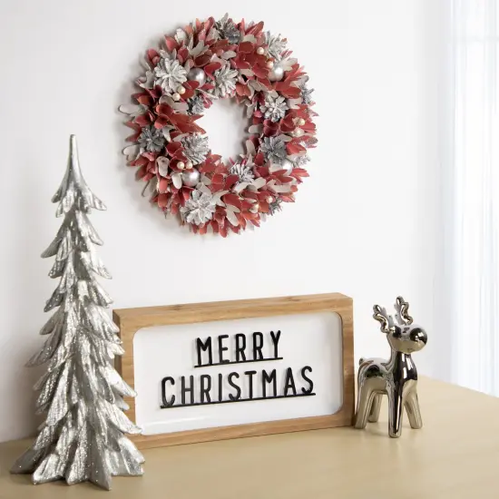 Northlight 13" Pink and White Wooden Floral Christmas Wreath with Pinecones {3}