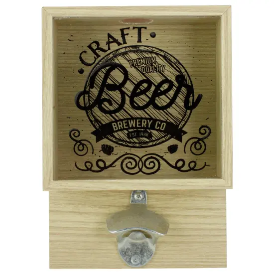 Koopman International 10.25" Wood and Glass 'Craft Beer Brewery Co' Bottle Opener with Storage Box Brown {1}