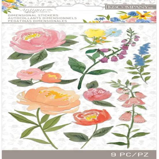 K&Company Antique Garden Dimensional Stickers - Floral Blooms, 9pcs {1}
