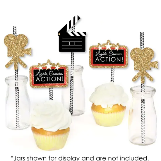 Big Dot of Happiness Red Carpet - Paper Straw Decor - Movie Night Party Striped Decorative Straws - Set of 24 {6}