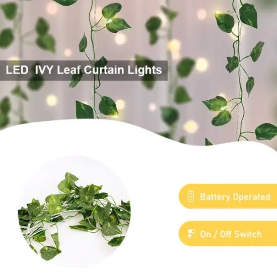 Perfect Holiday 66 LED Ivy Leaf Curtain String Lights Battery Operated - Warm White {3}