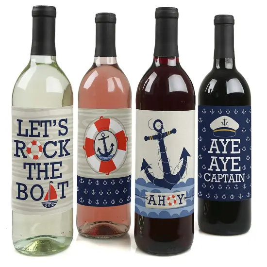 Big Dot of Happiness Ahoy - Nautical - Baby Shower or Birthday Party Decorations for Women and Men - Wine Bottle Label Stickers - Set of 4 {1}