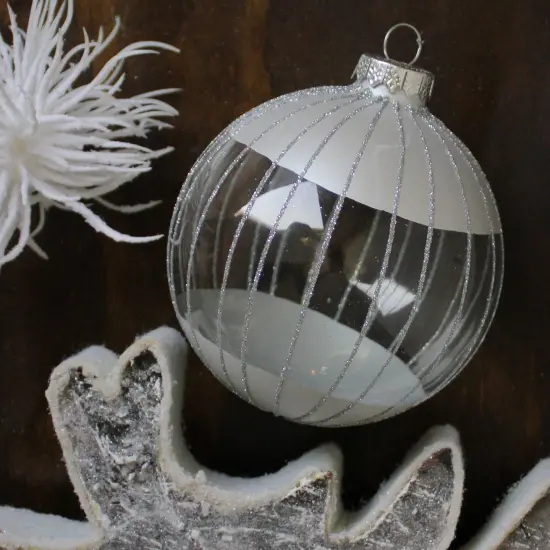 Northlight Glitter Stripes Glass Christmas Ball Ornament - 4" - Clear and Silver {3}