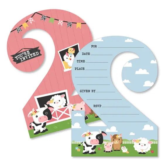 Big Dot of Happiness 2nd Birthday Girl Farm Animals - Shaped Fill-In - Pink Barnyard Second Birthday Party Invitation Cards with Envelopes 12 Ct {1}