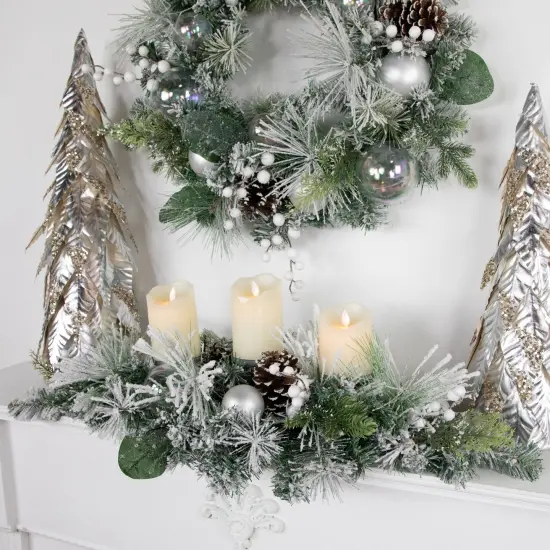 Northlight Flocked Pine Triple Candle Holder with Iridescent Christmas Ornaments - 30" White {3}