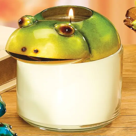 CC Home Furnishings 5.5" Green and White Hand Painted Frog Jar Candle Topper {1}