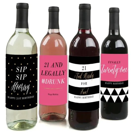 Big Dot of Happiness Finally 21 - Girl - Birthday Gift For Women - Wine Bottle Label Stickers - Set of 4 {1}