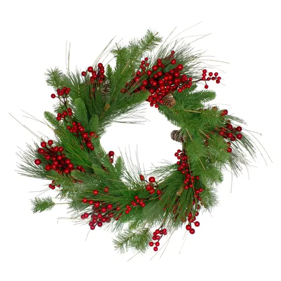 Northlight Real Touch&trade;️ Mixed Pine and Berry Artificial Christmas Wreath - 24" - Unlit Green {1}