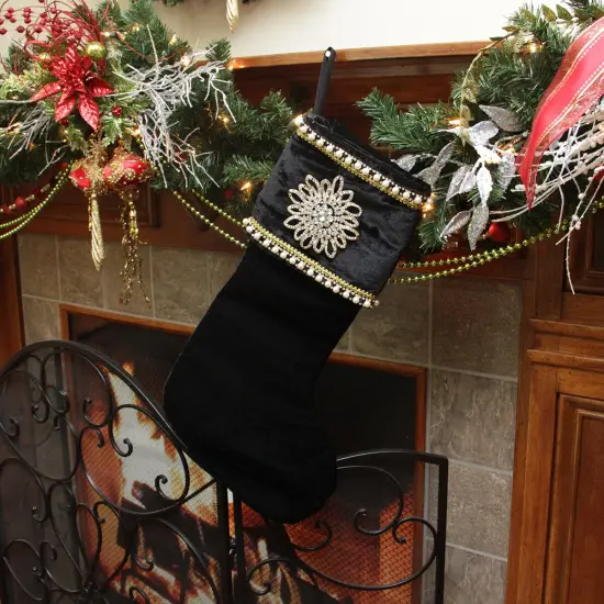 CC Christmas Decor 22" Black and Gold Trimmed Jewel Christmas Stocking {3}
