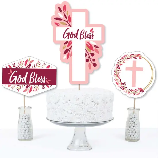 Big Dot of Happiness Pink Elegant Cross - Girl Religious Party Centerpiece Sticks - Table Toppers - Set of 15 {4}