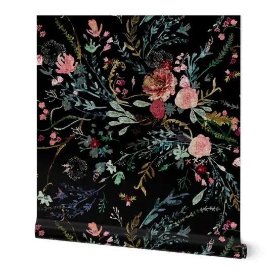 Peel & Stick Wallpaper 2FT Wide Botanical Faux Woven Texture Boho Floral Black And Pink Wild Flowers Bohemian Dark Custom Removable Wallpaper by Spoonflower {7}
