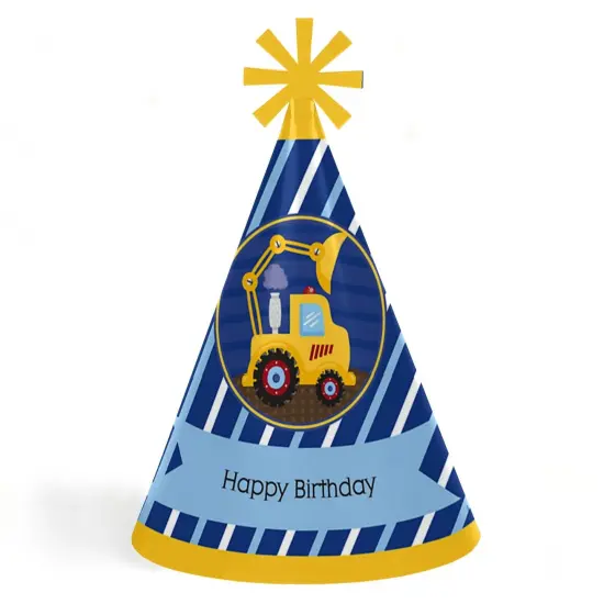 Big Dot of Happiness Construction Truck - Cone Happy Birthday Party Hats for Kids and Adults - Set of 8 (Standard Size) {1}
