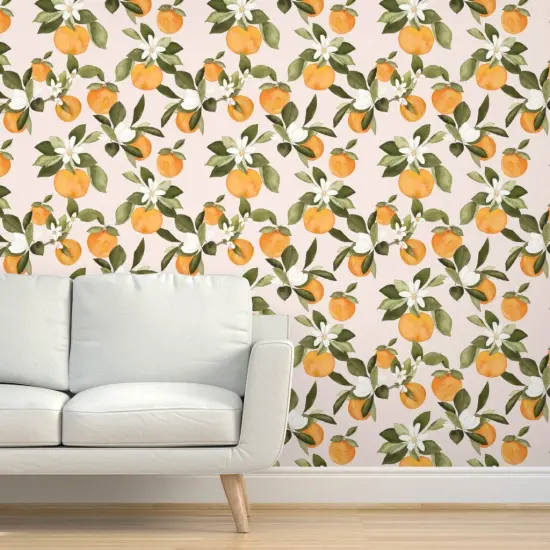 Peel & Stick Wallpaper 2FT Wide Orange Blossom Pink Oranges Blossoms Spring Fruit Summer Citrus Custom Removable Wallpaper by Spoonflower {5}