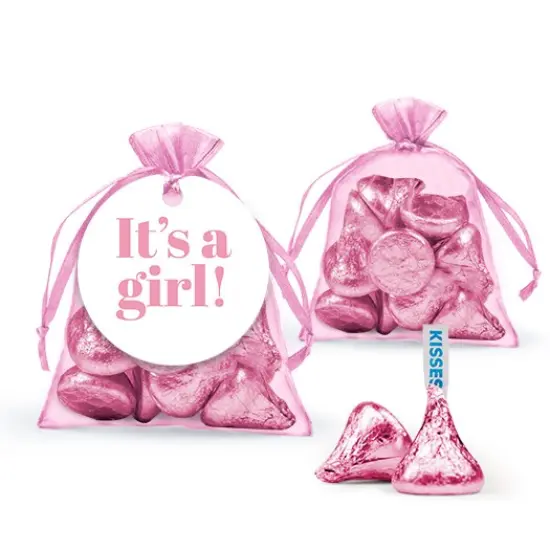 12ct It's a Girl Candy Baby Shower Party Favors Organza Bags with Milk Chocolate Kisses (12 Pack) {1}