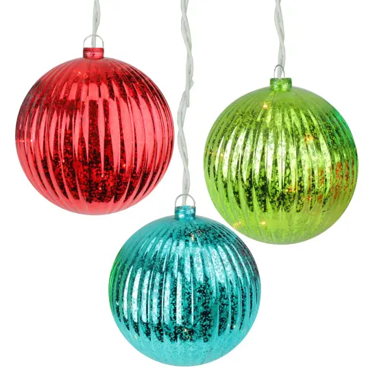PENN Lighted Ribbed Mercury Glass Finish Ball Christmas Ornaments - Multi-Color - Clear Lights - Set of 3 {1}