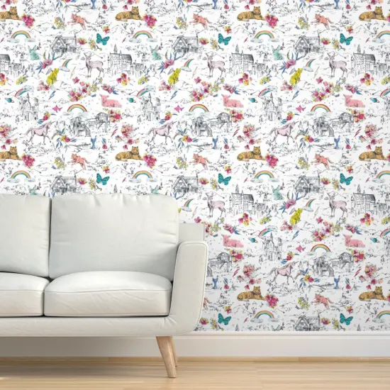 Peel & Stick Wallpaper 2FT Wide Unicorn Fairy Tale Rainbow Toile Castle Mermaid Rabbit Butterfly Bear Custom Removable Wallpaper by Spoonflower {5}