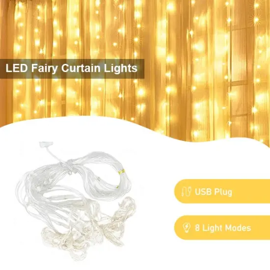 Perfect Holiday 300 LED USB Fairy Curtain Light With Remote - 8 Light Modes Warm white {2}