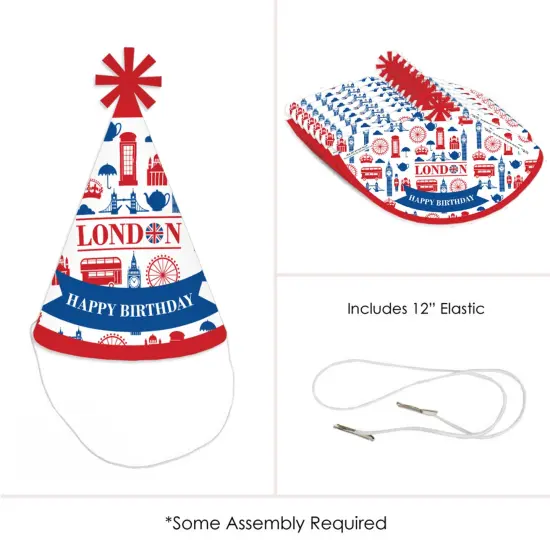 Big Dot of Happiness Cheerio, London - Cone Happy Birthday Party Hats for Kids and Adults - Set of 8 (Standard Size) {6}