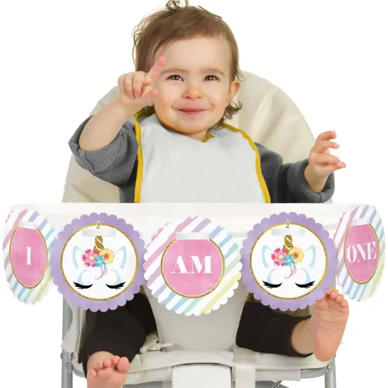 Big Dot of Happiness Rainbow Unicorn 1st Birthday Highchair Decor - I Am One - First Birthday High Chair Banner {1}