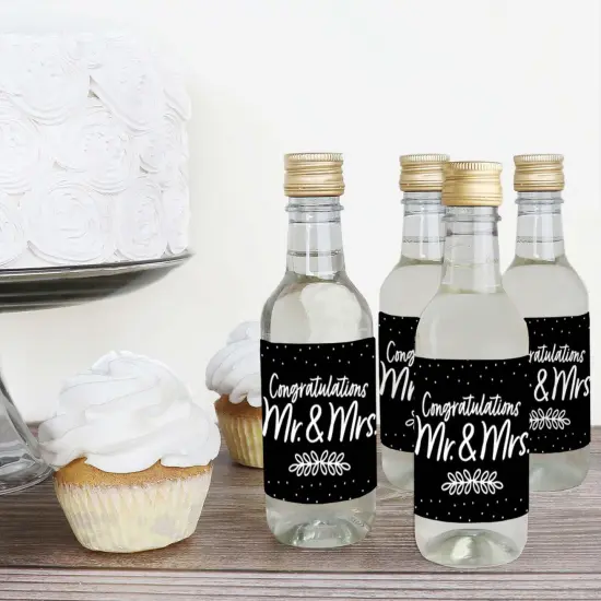 Big Dot of Happiness Mr. and Mrs. - Mini Wine & Champagne Bottle Label Stickers - Black and White Wedding or Bridal Shower Favor Gift - Set of 16 {4}