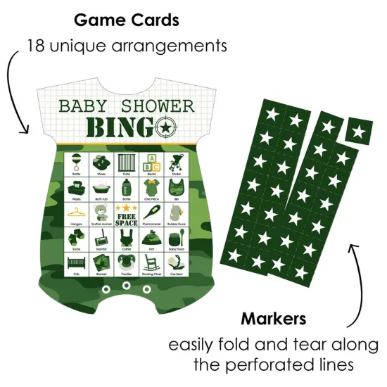 Big Dot of Happiness Camo Hero - Picture Bingo Cards and Markers - Army Military Camouflage Baby Shower Shaped Bingo Game - Set of 18 {3}