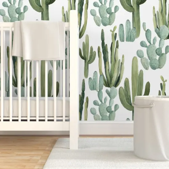 Pre-Pasted Wallpaper 2FT Wide Desert Cactus Greenery Cacti Watercolor Southwestern Boho Nursery Succulents Kid Decor Custom Pre-pasted Wallpaper by Spoonflower {7}