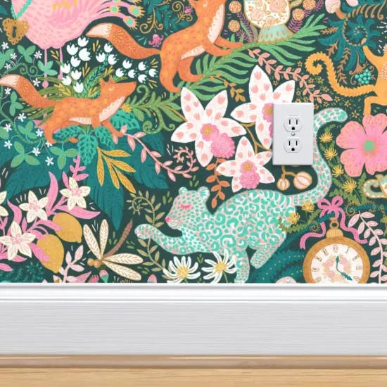 Pre-Pasted Wallpaper 2FT Wide Tea Time Teal Turquoise Keys Citrus Monkey Flamingo Swan Fox Custom Pre-pasted Wallpaper by Spoonflower {4}