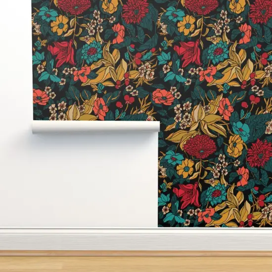 Peel & Stick Wallpaper 2FT Wide Botanical Autumn Fall Hand Drawn Vintage Floral Bright Vibrant Maximalist Custom Removable Wallpaper by Spoonflower {2}