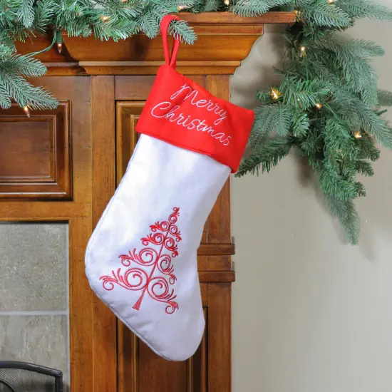 Northlight Embroidered Tree Merry Christmas Stocking with Cuff - Red and White - 15.5" {3}