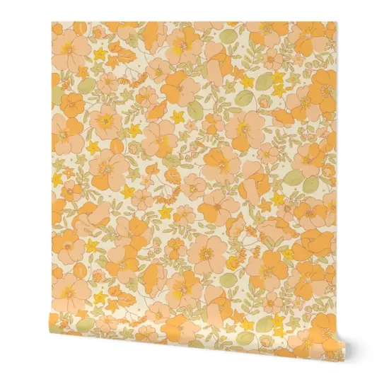 Peel & Stick Wallpaper 2FT Wide 1970S Floral Yellow Flowers Peach 70S Nursery Sunny Blooming Bohemian Pattern Illustrated Flower Power Custom Removable Wallpaper by Spoonflower {7}
