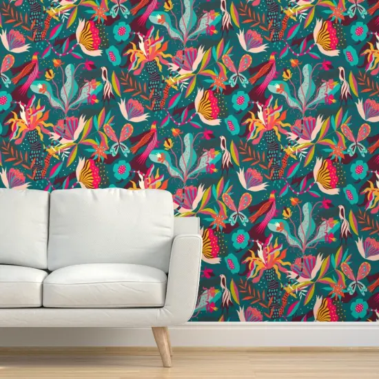 Pre-Pasted Wallpaper 2FT Wide Tropical Blooms Bright Flowers Bloom Wallpaper Tropical Midnight Exotic Rainforest Abundance Layered Adventure Surrealism Depth Palmtree Birds Custom Pre-pasted Wallpaper by Spoonflower {5}