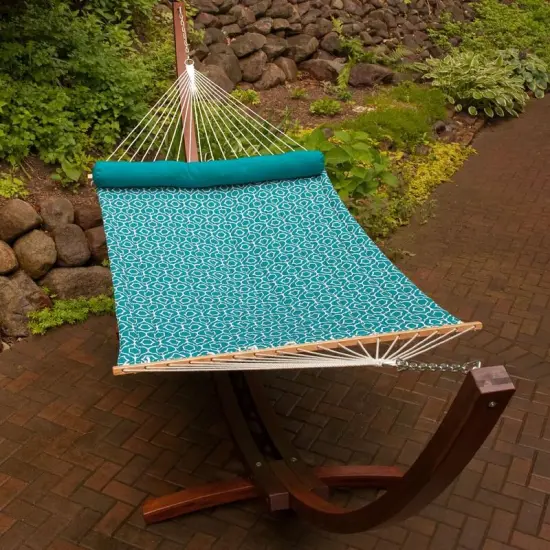 The Hamptons Collection 82" x 55" Blue Lowry Lattice Patterned Reversible Quilted Hammock with Pillow {3}