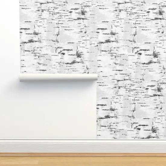 Pre-Pasted Wallpaper 2FT Wide Woodland Birch Trees White Gray Neutral Birch Textured Look Bark Aspen Custom Pre-pasted Wallpaper by Spoonflower {2}