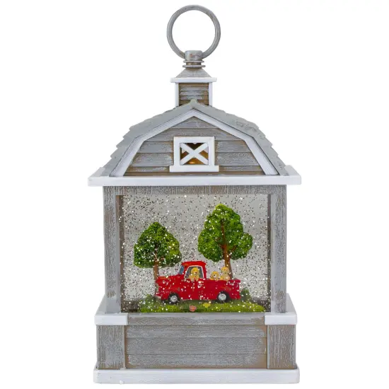 Raz 12.75" Lighted Gray Barn Snow Globe with Red Truck and Dogs {1}