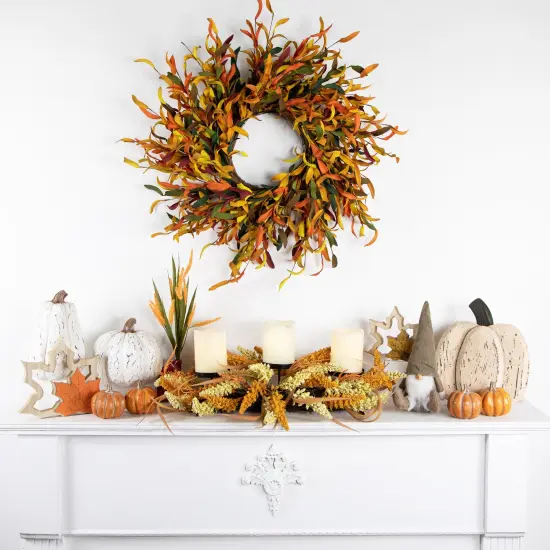 Northlight Autumn Harvest Triple Candle Holder with Artificial Fall Foliage - 22" Orange {3}