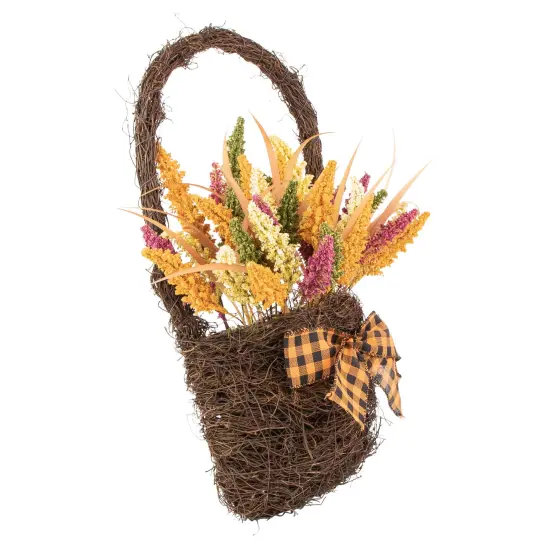 Northlight Autumn Harvest Hanging Basket with Artificial Foliage and Checkered Bow - 22" Orange {3}