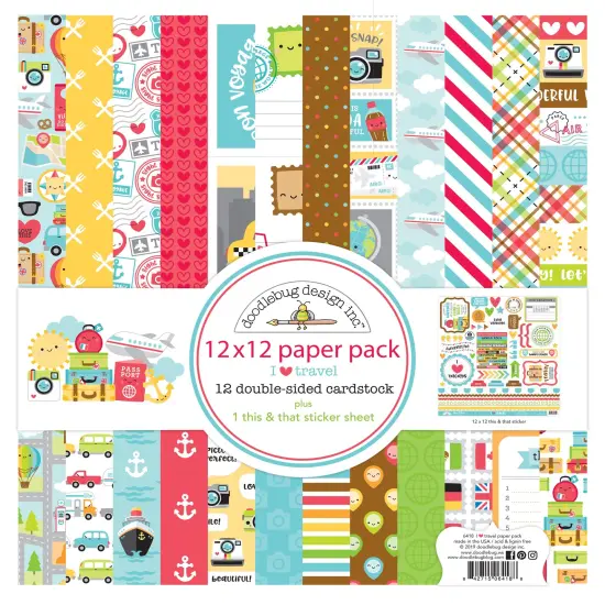 Doodlebug Double-Sided Paper Pack 12"X12" 12/Pkg-I Heart Travel {1}
