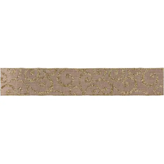 Northlight Burlap and Gold Scroll Christmas Wired Craft Ribbon 2.5" x 10 Yards Brown {1}