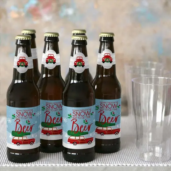 Big Dot of Happiness Merry Little Christmas Tree - Red Truck & Car Christmas Party D&eacute;cor for Women & Men - 6 Beer Bottle Label Stickers & 1 Carrier {6}