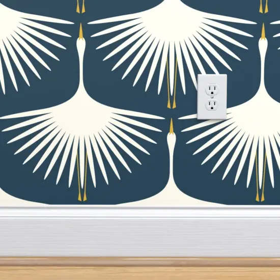 Peel & Stick Wallpaper 2FT Wide Art Deco Navy Bird Nature Swan Custom Removable Wallpaper by Spoonflower {4}