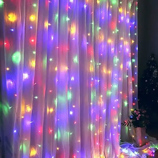 Perfect Holiday 300 LED Curtain String Lights Plug In - 8 Light Modes Multicolor {3}