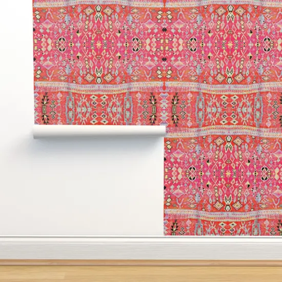 Pre-Pasted Wallpaper 2FT Wide Tropical Orange Pink Moroccan Style Turkish Inspired Kilim Boho Sunset Custom Pre-pasted Wallpaper by Spoonflower {2}