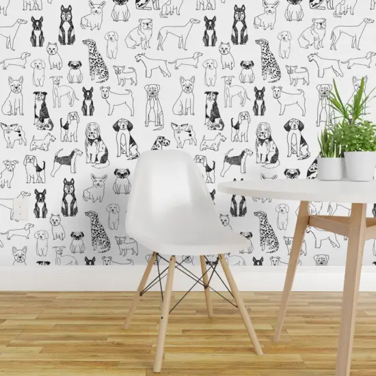 Peel & Stick Wallpaper 2FT Wide Black White Dogs Ink Drawing Dalmatian Labrador Retriever Terrier St Bernard Dog Breeds Custom Removable Wallpaper by Spoonflower {1}