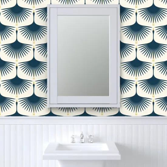 Peel & Stick Wallpaper 2FT Wide Dark Blue Swans And Cream Mid Century Modern Art Deco Inspired Flying Cranes Custom Removable Wallpaper by Spoonflower {6}