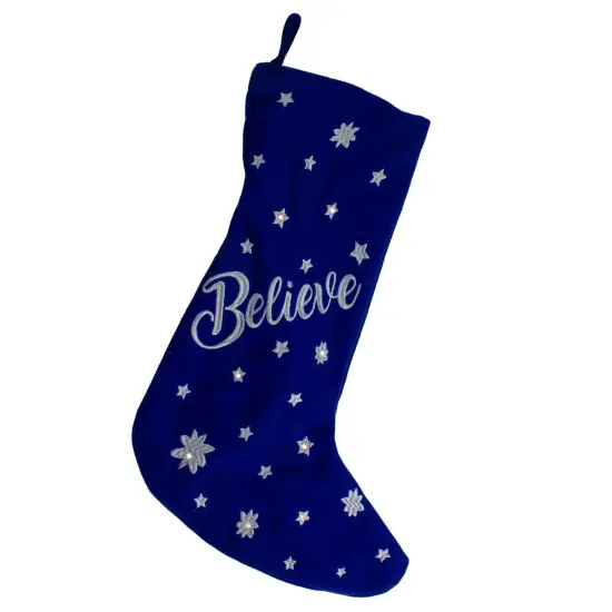 Northlight 18" LED Blue Stocking "Believe" with White Snowflakes {1}