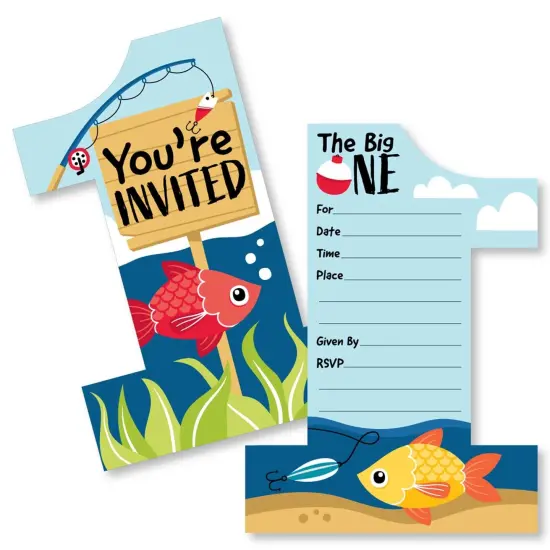 Big Dot of Happiness 1st Birthday Reeling in the Big One - Shaped Fill-In Invites - First Birthday Party Invitation Cards with Envelopes - Set of 12 {1}