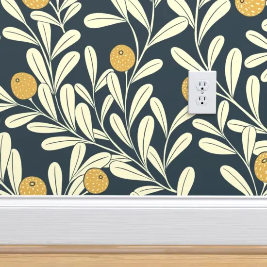 Pre-Pasted Wallpaper 2FT Wide Vines Wallpaper Plants Art Deco Citrus Navy Lemons Mustard Botanical Gardens Climbing Custom Pre-pasted Wallpaper by Spoonflower {4}