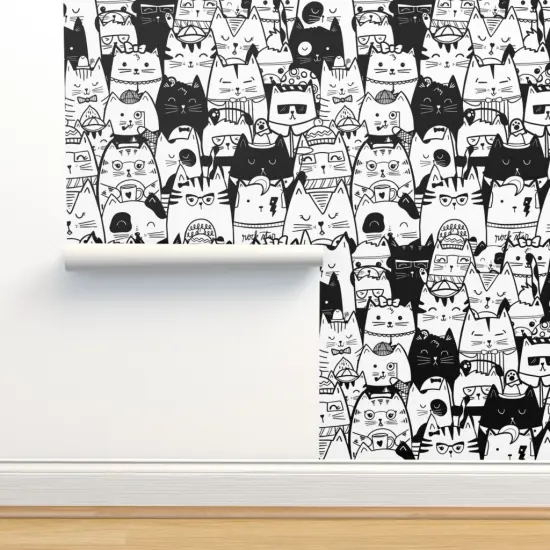 Peel & Stick Wallpaper 2FT Wide Black Cats White Rescue Cats Kids Kittens Cat Cute Funny Custom Removable Wallpaper by Spoonflower {2}